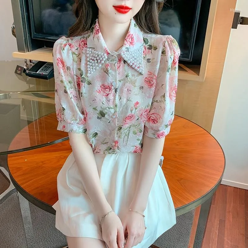 Women`s Blouses High Quality Pearls Lapel Collar Floral Chiffon Shirt Women Tops 2023 Puff Sleeve OL Elegant Blouse Blusas Camisas