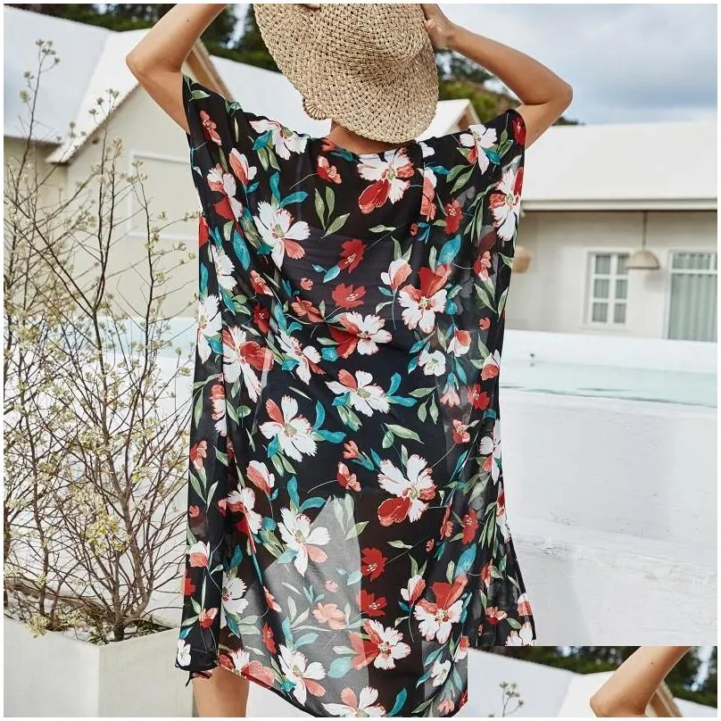 Women`s Swimwear 2021 Flower Printed Swimsuits Chiffon Swimsuit Beach Bathing Suit Cover Ups For Summer Holiday Dress Mujer