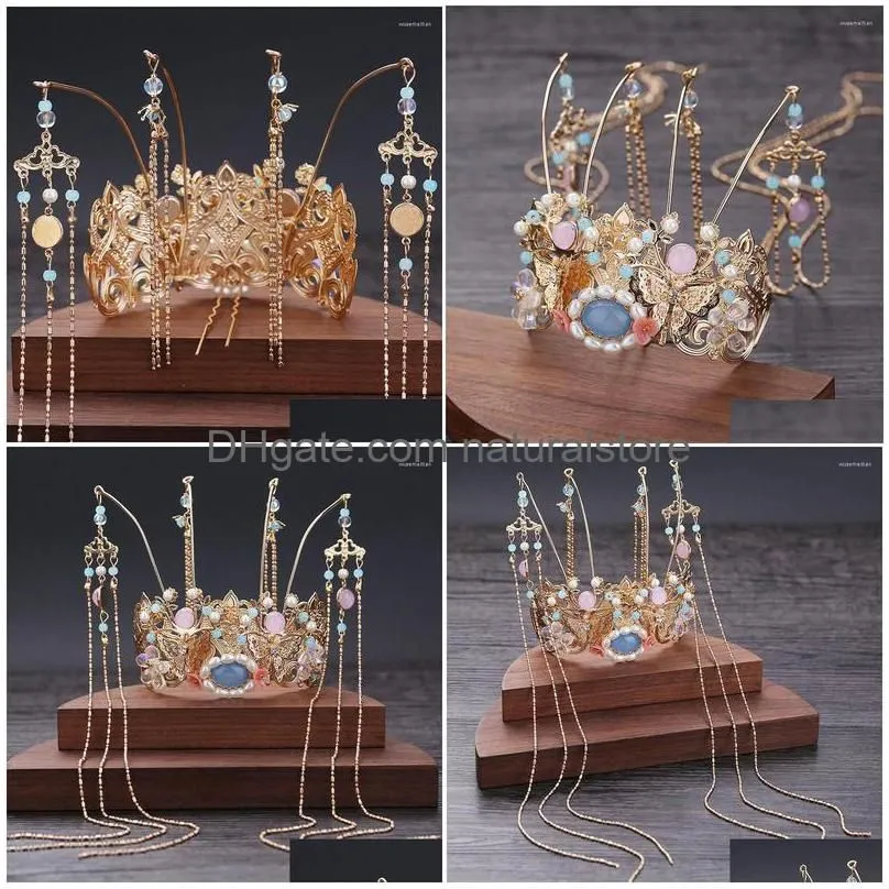 Hair Clips Barrettes Forseven Long Tassel Phoenix Coronet Simated Pearls Tiaras And Crowns Headbands Sticks Chinese Wedding Jewelr