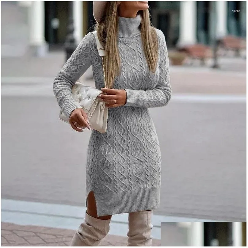 Basic Casual Dresses Casual Dresses Ladies Autumn Winter Knitted Sweater Dress Women Solid Color Long Sleeve Turtleneck Thicken Split Elegant
