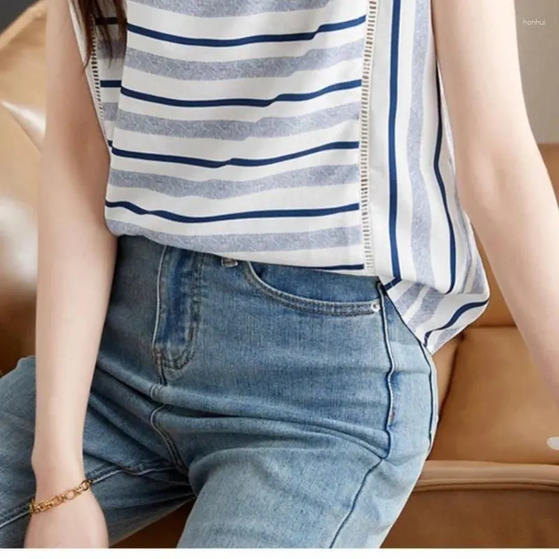Women`s Blouses Summer Short Sleeve Temperament Clothing Striped Contrasting Colors V-Neck Loose Casual Korean Version Thin Tops
