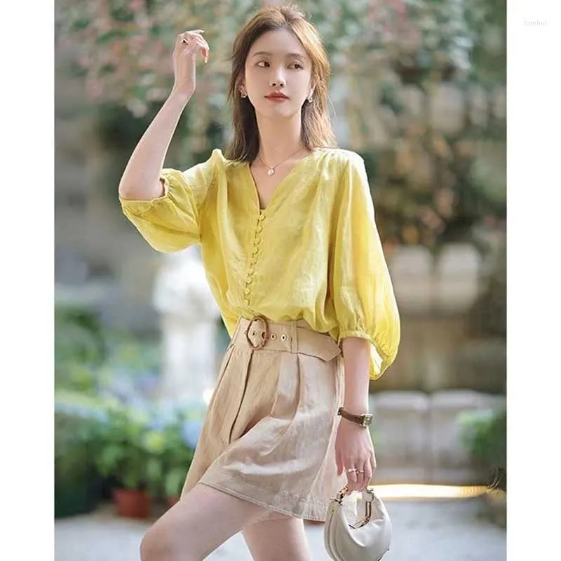 Women`s Blouses Fashion V-Neck Button Solid Color Puff Sleeve Clothing 2024 Spring Summer Loose Korean Tops Casual Shirts