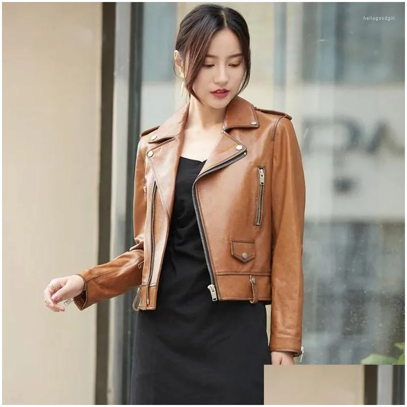 Women`s Leather Wearing Jackets Sheepskin Short Casual Slim Fit Suits Collar