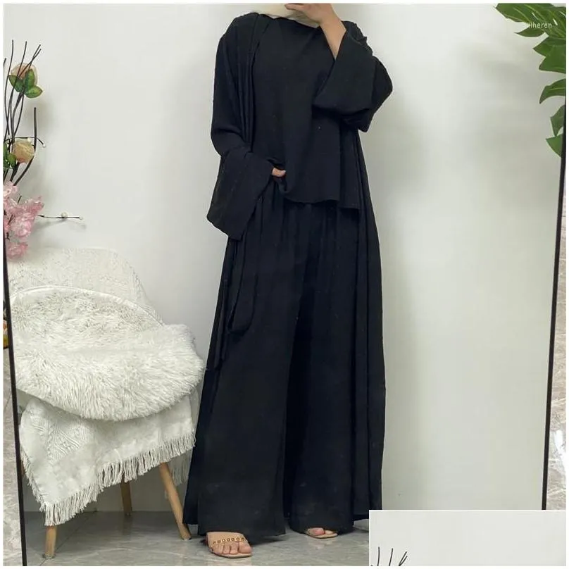 Ethnic Clothing 3 Piece Sets For Muslim Women Long Cardigan Top And Pants With Pockets Islamic Robe Modest Eid Ramadan Abaya Suits