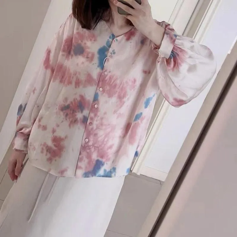 Women`s Blouses 2024 Spring V-neck Peach Blossom Print Loose Silk Women Shirt