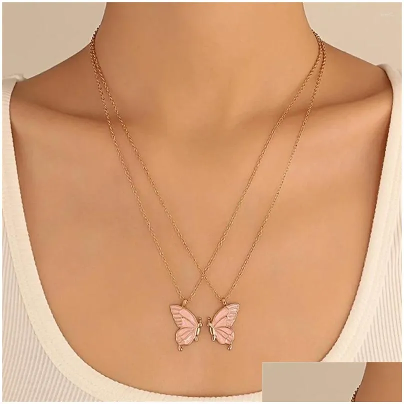 Pendant Necklaces Fashion Color Drop Oil Double Spell Butterfly Necklace For Women Female Vintage Friendship Set Clavicle Chain