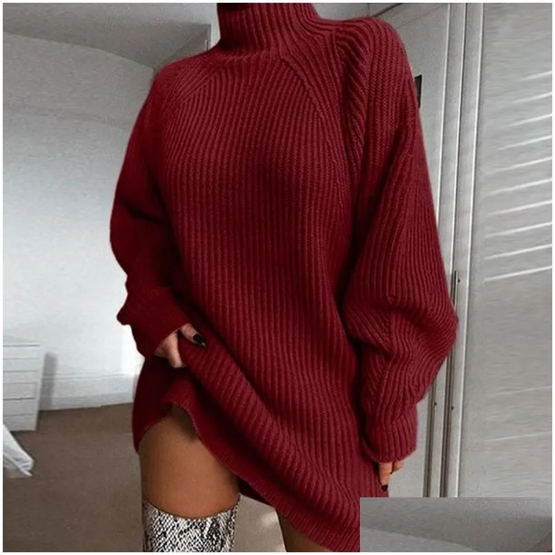 Basic Casual Dresses Casual Dresses Autumn Solid Long Sleeve Elegant Mini Sweater Dress Plus Size Winter Clothes Women Turtleneck