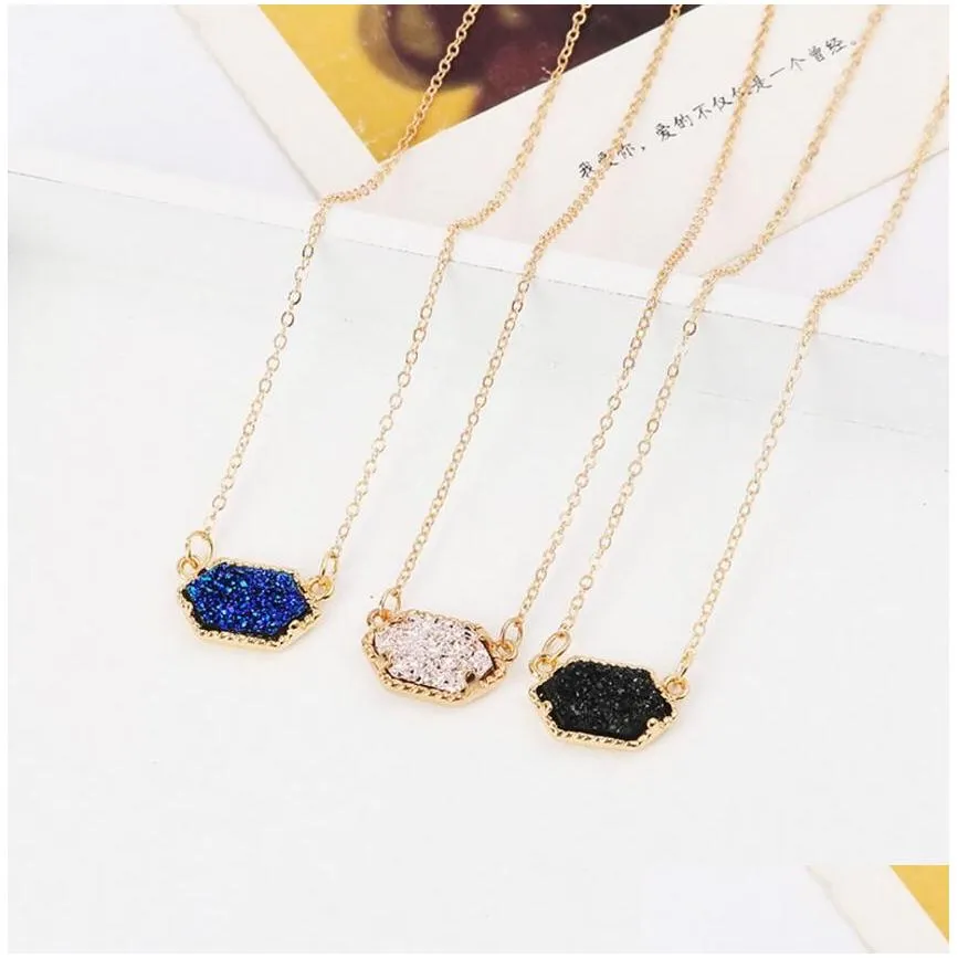 Wholesale-Fashion Druzy Drusy Pendant Necklaces Silver Gold Plated Popular Faux Stone Turquoise Necklaces For Women Lady Jewelry