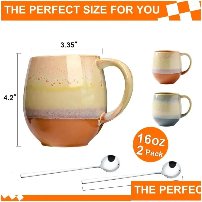 Mugs Porcelain 16 Oz For Coffee Mug Set With Spoons 2-pack Ceramic Tea Soup Cocoa Funny Cups