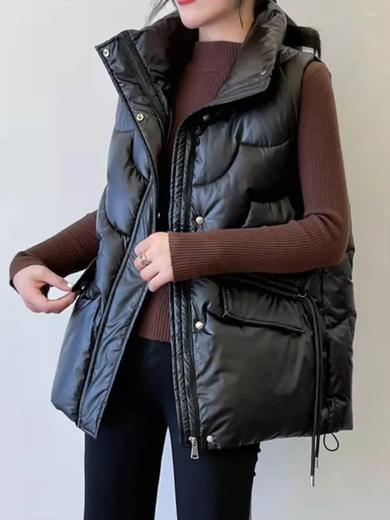 Women`s Vests Winter Warm Women Jacket Gilet Solid Color Vest Stand Collar Zipper Closure Outwear