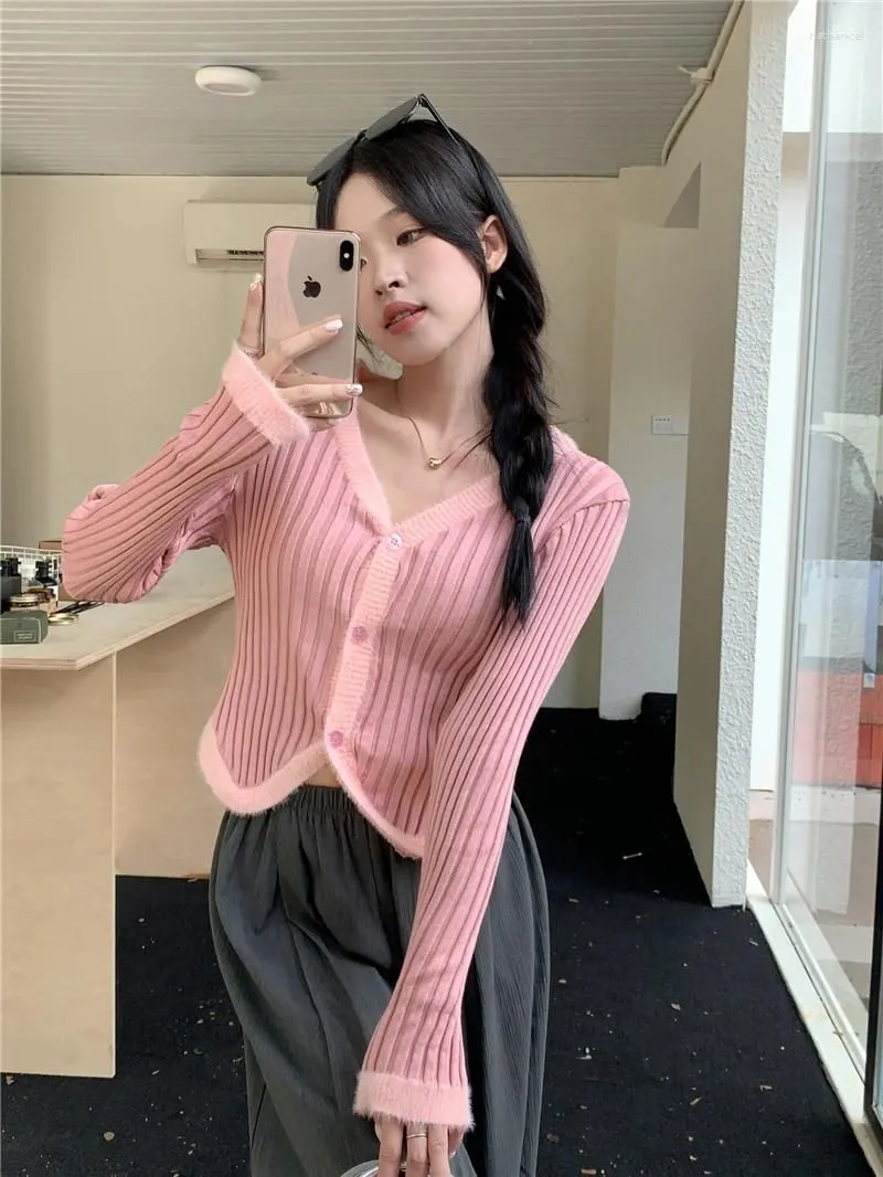 Women`s Knits Autumn Women Knitted Solid V-Neck Full Sleeve Single Breasted Cardigan Slim Spliced Sweater Coat High Stretch Winter