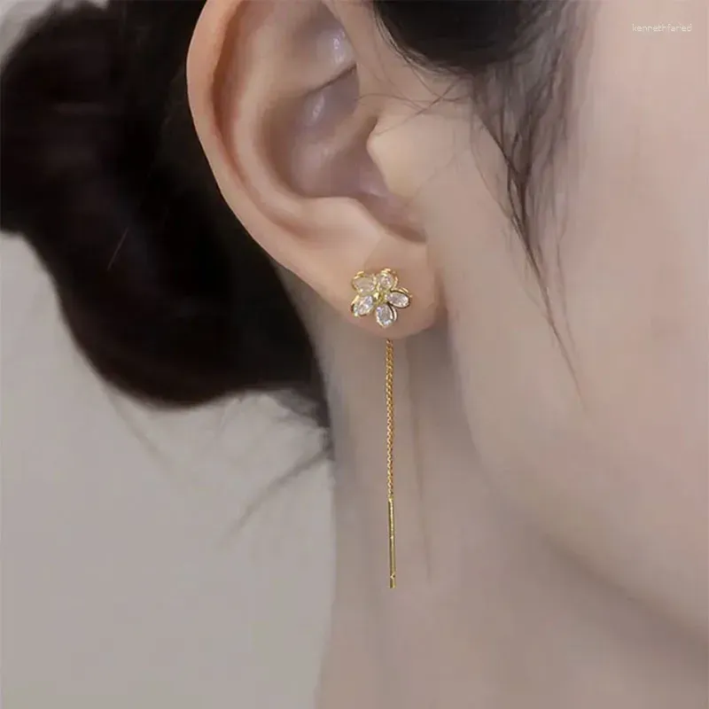 Dangle Earrings Gold Color Drop Ear Line Long Hanging For Women Crystal Flower Tassel Wire Piercing Earring Accessories Jewelry