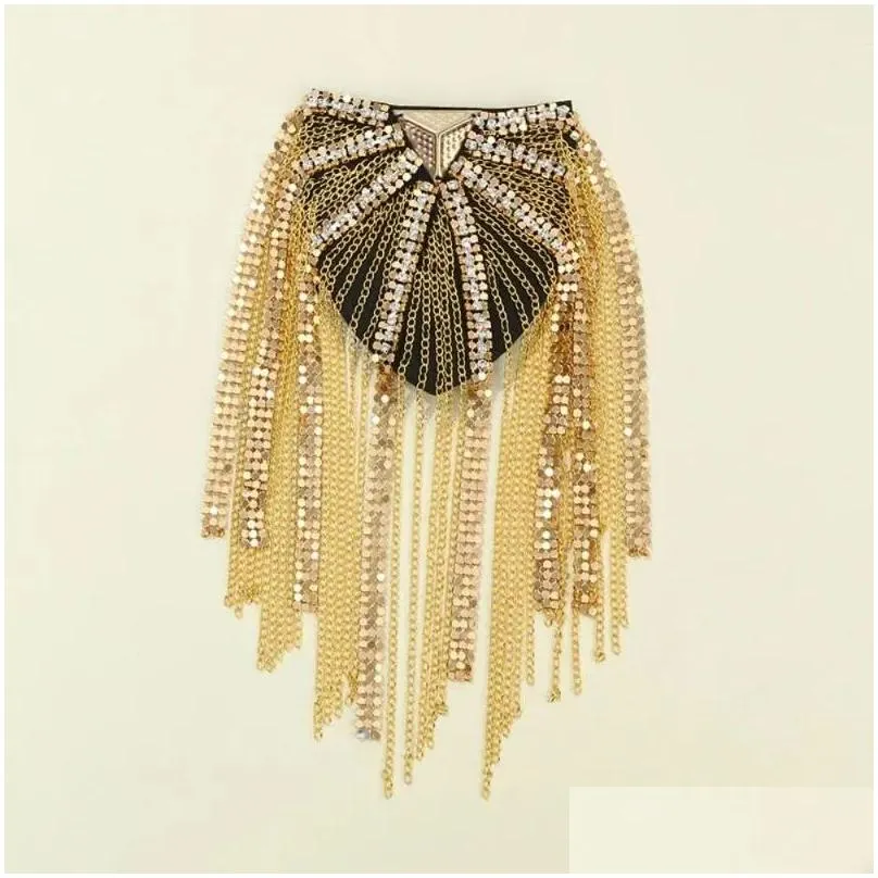 Brooches Crystal Tassel Chain Shoulder Board Classical Brooch Punk Flash Epaulets Cool Rhinestone Armband Clothing Accessories