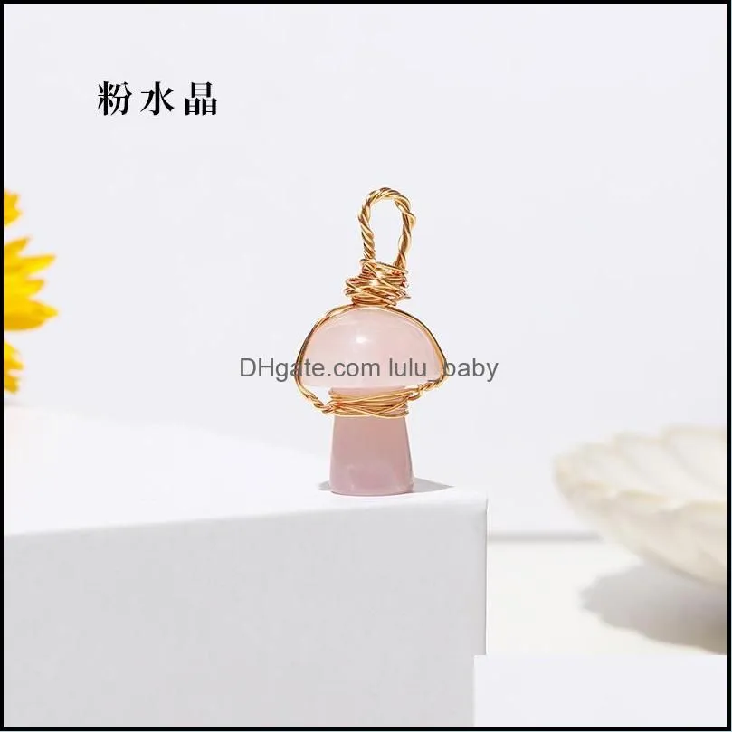 Charms Natural Crystal Stone 2Cm Mushroom Statue Carving Reiki Healing Gold Wire Wrap Pendant For Necklace Jewelry Making Drop Deliv