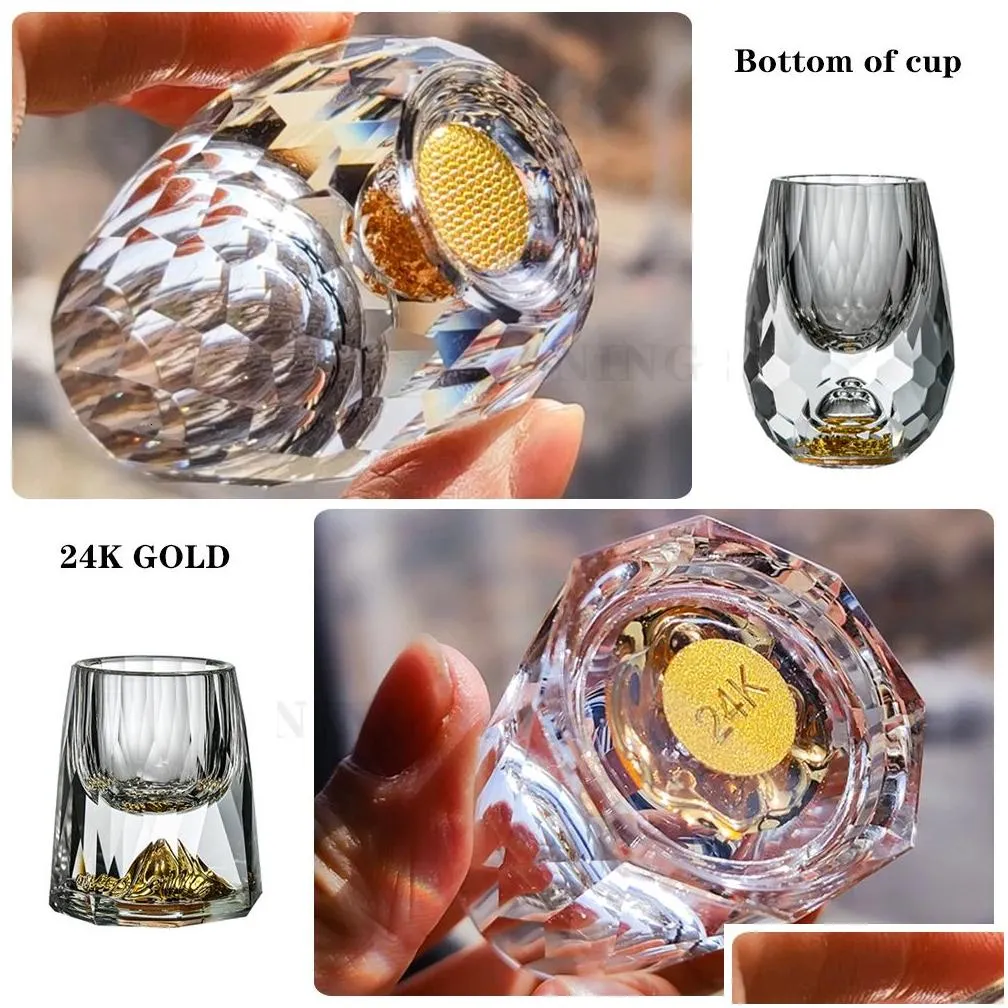 Tumblers 2Pc Luxury Crystal Glass Gold Foil S Glasses Vodka Sake Shochu Tequila Cup Double Bottom Dispenser Home Bar Gift Drop Delive Dhfb9