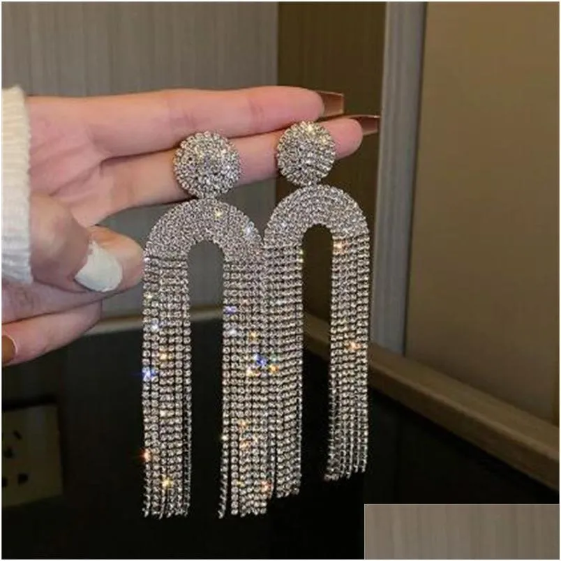 Long Tassel Rhinestone Drop Earrings for Women Geometric U Shape Crystal Dangle Earrings Statement Jewelry Gifts