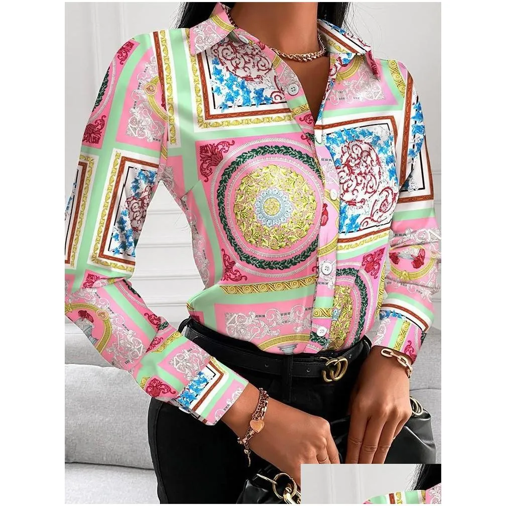 Casual Dresses Hirigin Printed Shirt Women Spring Elegant Office Ladies Blouse Clothes Fashion Lapel Long Sleeve Buttons Tops For