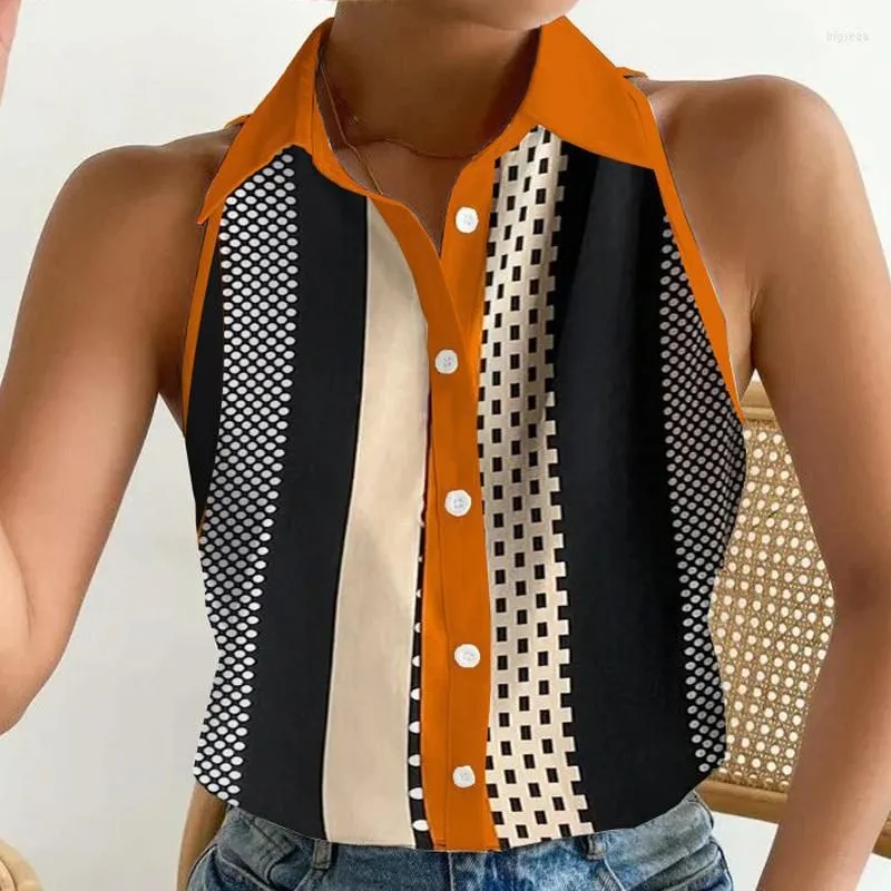 Women`s Blouses Spring Summer Office Lady Chic Shirts Patchwork Single Breasted Slim Fit Button Top Elegant Women Loose Sleeveless