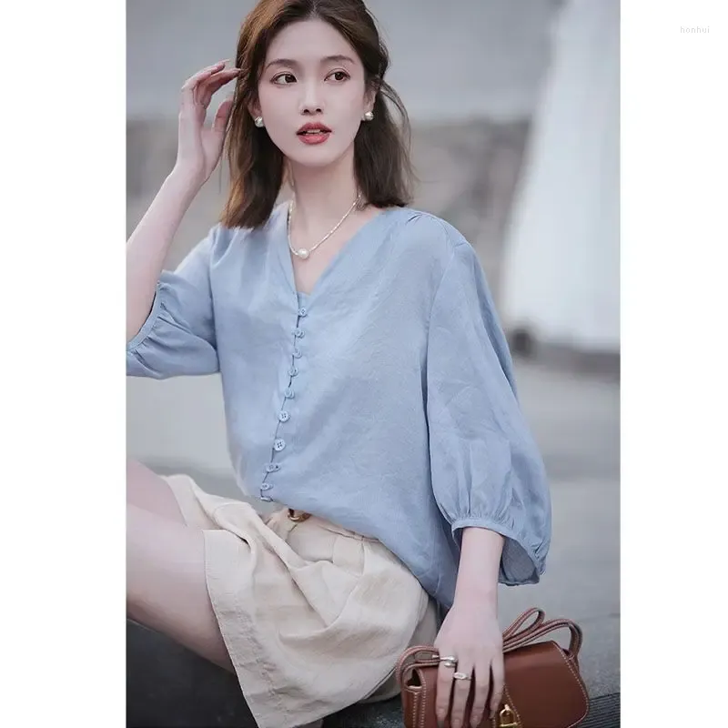 Women`s Blouses Fashion V-Neck Button Solid Color Puff Sleeve Clothing 2024 Spring Summer Loose Korean Tops Casual Shirts