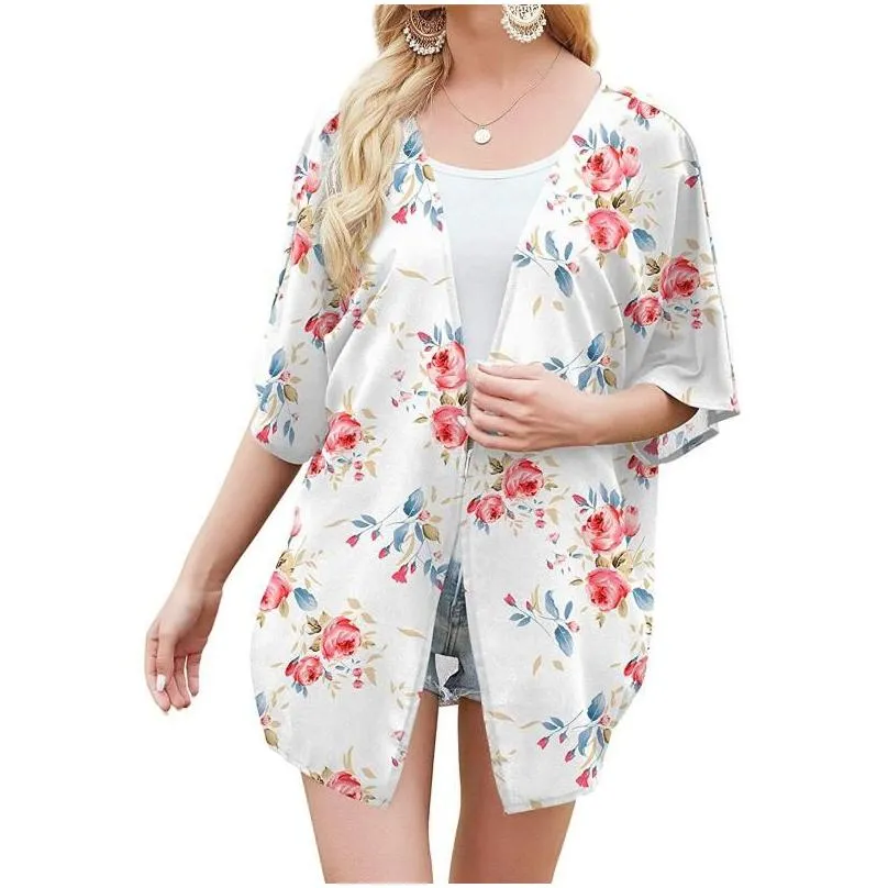 Women`s Swimwear Chiffon Casual Loose Open Front Cover Ups Tops Summer Women Printing Kimono Long Cardigan Blouse Shawl Beachwear
