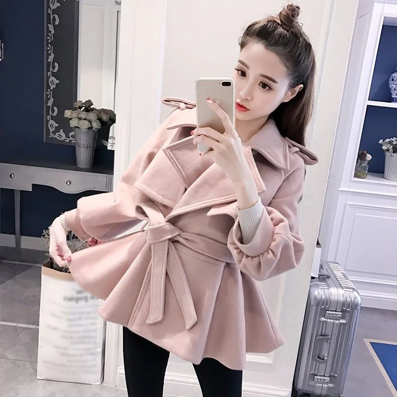 2019 Winter Women Casual Turn Down Collar Slim Elegant Jackets Sweet Lantern Sleeve Female Short Cute Blends Coat