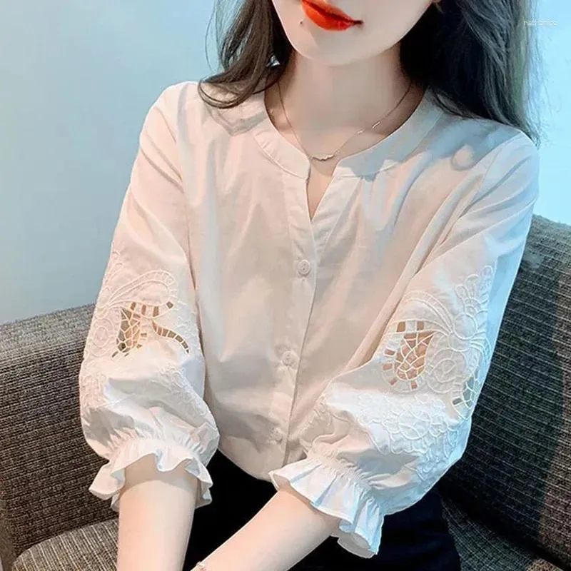 Women`s Blouses Clothing Embroidery Hollow Simple Cotton Button Up Shirt Summer Trendy 3/4 Sleeve Solid Loose Casual Chic LJ559