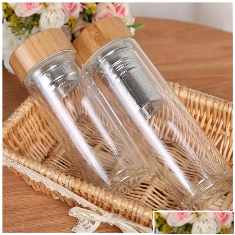 Water Bottles Portable Bamboo Lid Cups Double Walled Glass Tea Tumbler Strainer Infuser Basket Transparent Vt1805 Drop Delivery Home Dhpqu