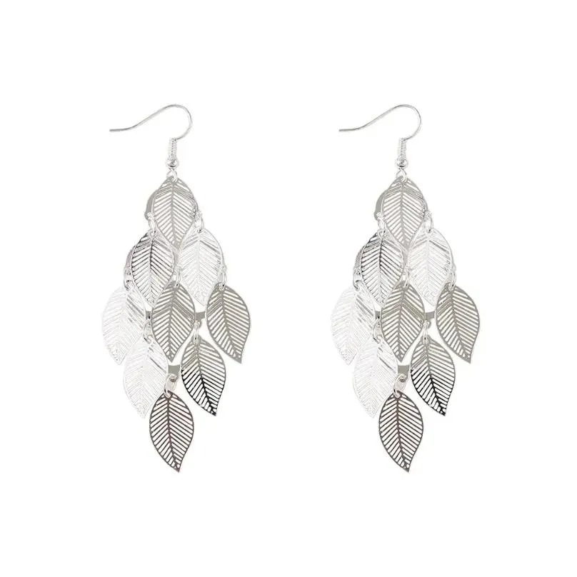 Stud Earrings Hollow Leaf Pendant Long Women`s Simple Retro Alloy Drop Dangle Trendy Jewelry