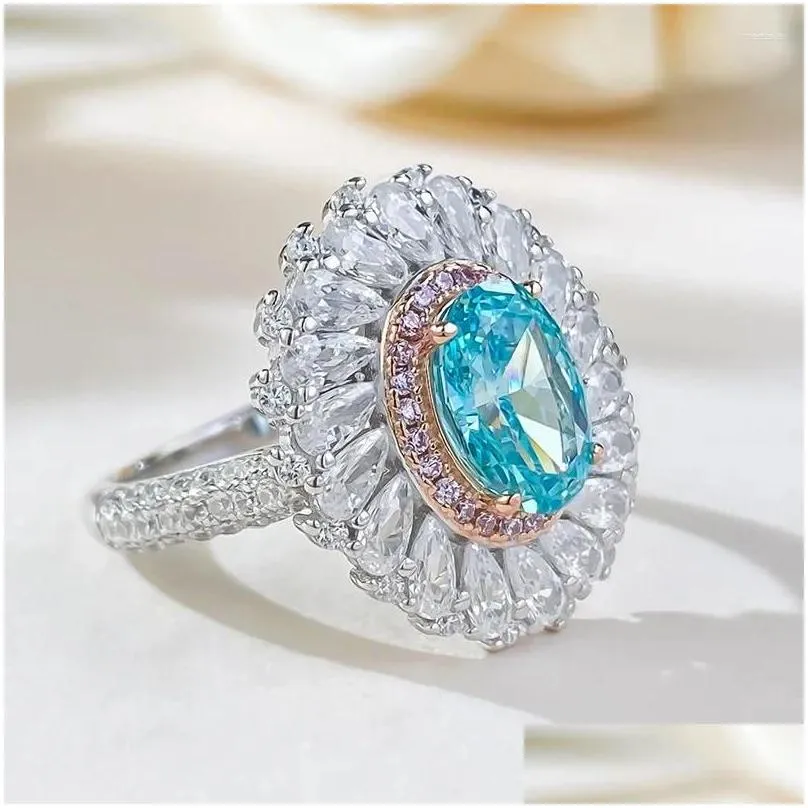 Cluster Rings S925 Silver Ring 6 9 Blue Zircon Inlaid Women`s Design Sense European And American Fashion