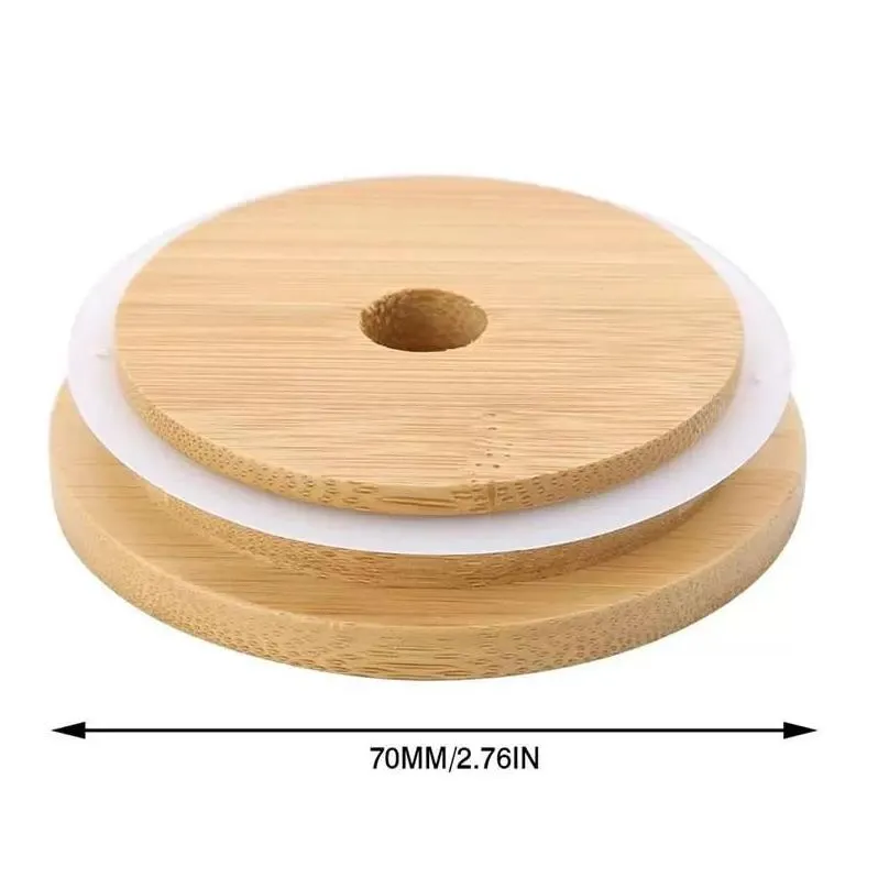 70mm 88mm Bamboo Cup Lid Reusable Wooden Mason Jar Lid with Straw Hole and Silicone Seal Bowl Cover