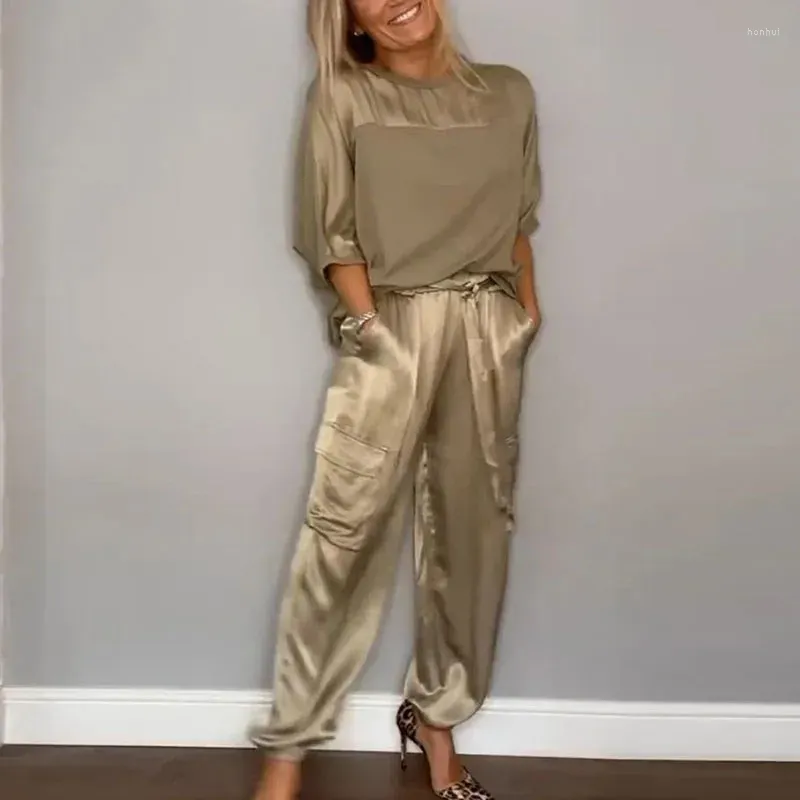 Women`s Two Piece Pants Women Casual Loose Satin 2Pc Suit Spring Fashion O-neck Half Sleeve Pullover & Long Pant Set Summer Elegant