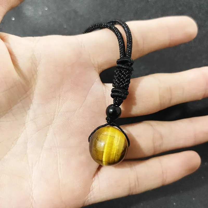 Men Yellow Tiger Eye stone round bead pendant Black Rope Chain Necklace Wholesale Jewelry for Women