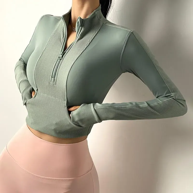 Half Zipper Yoga Wear Women`s Fitness Jacket Long-Sleeved Tight-Fitting Quick-Drying Sports Top Outdoor Leisure T-Shirt