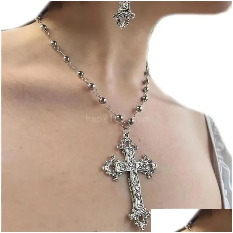 Choker Stylish Alloy Crosses Pendant Necklace BlackVelvet/Beaded Chain Y2K Punk Gothic Clavicle