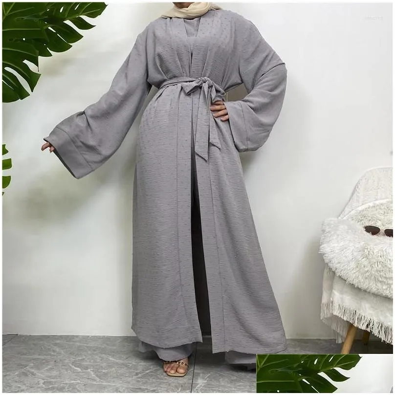 Ethnic Clothing 3 Piece Sets For Muslim Women Long Cardigan Top And Pants With Pockets Islamic Robe Modest Eid Ramadan Abaya Suits