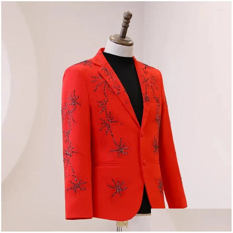 Men`s Suits Red Shining Rhinestones Suit Bar Concert Performance Shiny Blazer Pants Set Male Banquet Guest Host Stage Crystals