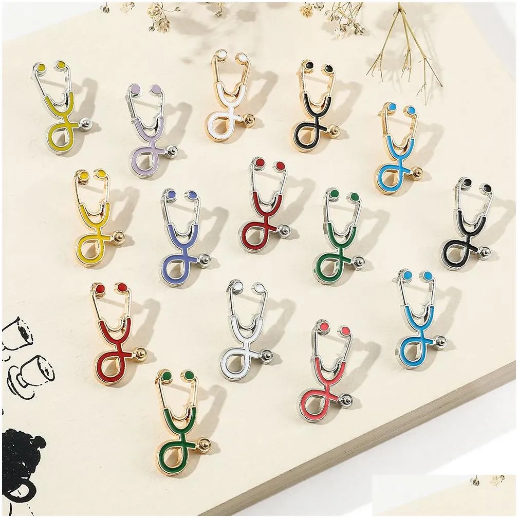 15 Colors Medical Care Stethoscope Brooches Alloy Dripping Oil Clothing Bags Pins Jewelry Accessories In Bulk