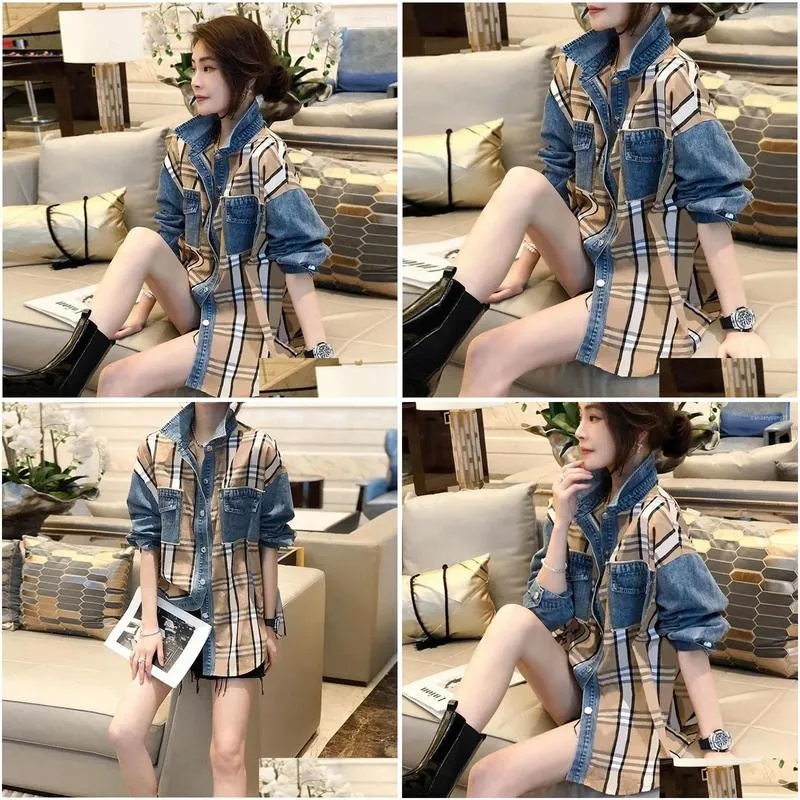 Women`s Blouses Hong Kong Style Denim Patchwork Plaid Shirt Women Foreign Relaxed Casual Design Feel Top Spring 2023 European Station