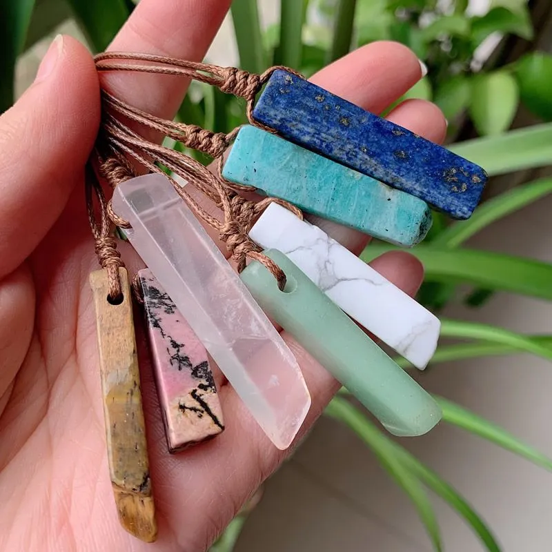 Natural Stone Pendant Raw Mineral Irregular Rectangle Quartz Pendulum Amazonite Tiger Eye Lapsi Pink Crystal Necklaces Healing BULK