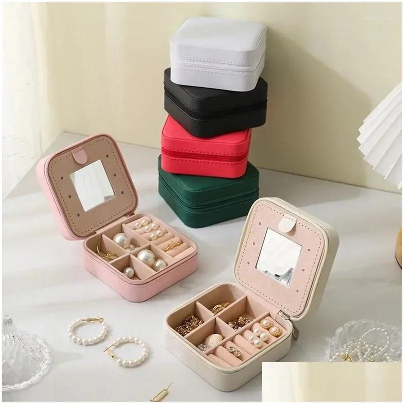 Storage Boxes Portable Jewelry Box Travel Ring With Mirror Necklace Earrings Stud Gift Packaging