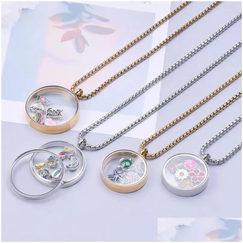 Pendant Necklaces 5Pcs/Lot Stainless Steel Clear Round Floating Po Memory Locket Living Relicario Women Collares Jewelry Bulk