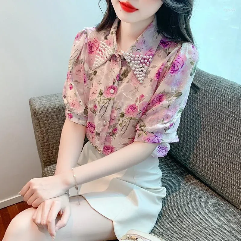 Women`s Blouses High Quality Pearls Lapel Collar Floral Chiffon Shirt Women Tops 2023 Puff Sleeve OL Elegant Blouse Blusas Camisas