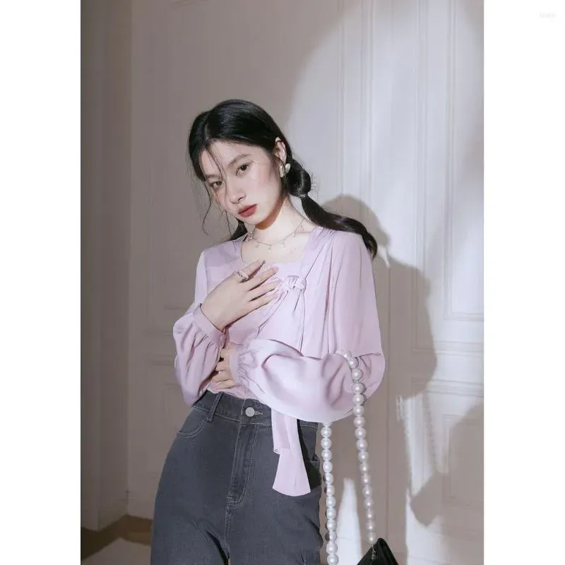 Women`s Blouses Pink Chest Silk Women`s Autumn Dress Design Sense Small Crowd Lantern Sleeve Lace Blusas Clothes For Women Blouse