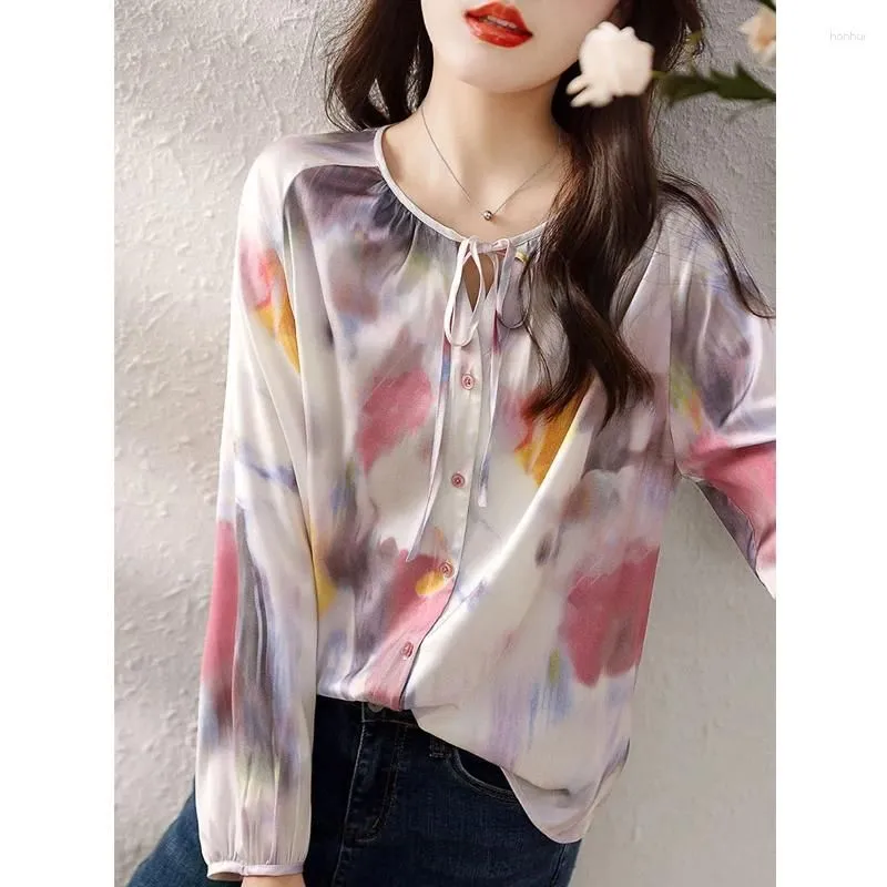 Women`s Blouses Chiffon Shirts Tie-dye Casual O-neck Clothing Spring/Summer Long Sleeves Loose FASHION Tops YCMYUNYAN