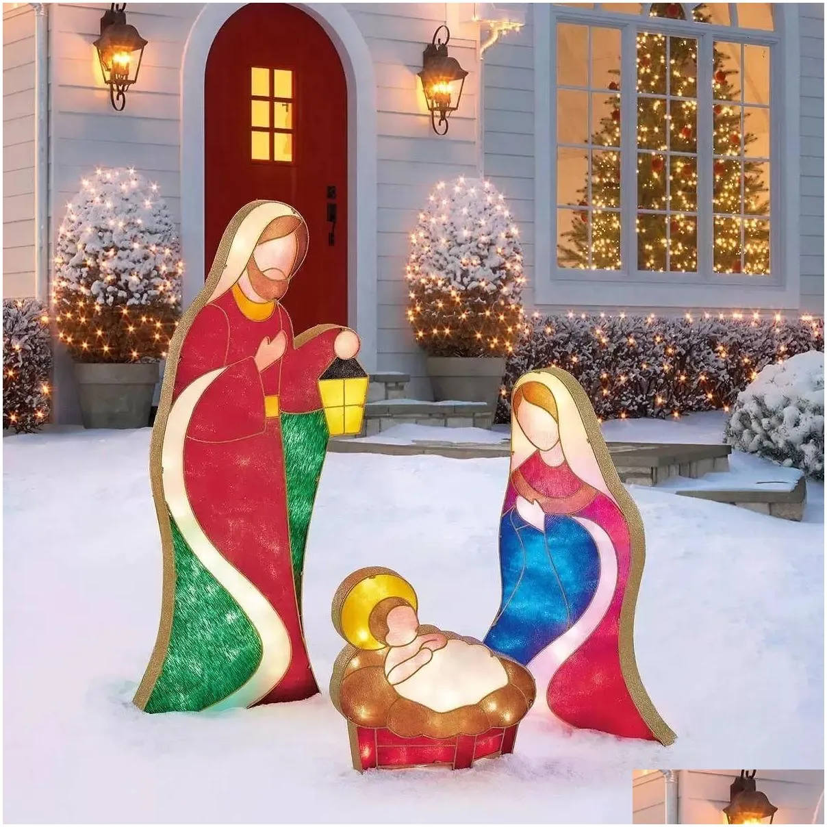 Christmas Decorations Tinsel Nativity Scene Warm White Yard Plane Painting For Easter Outdoor Garden Home Event Decoration Drop Deliv Dhgqn