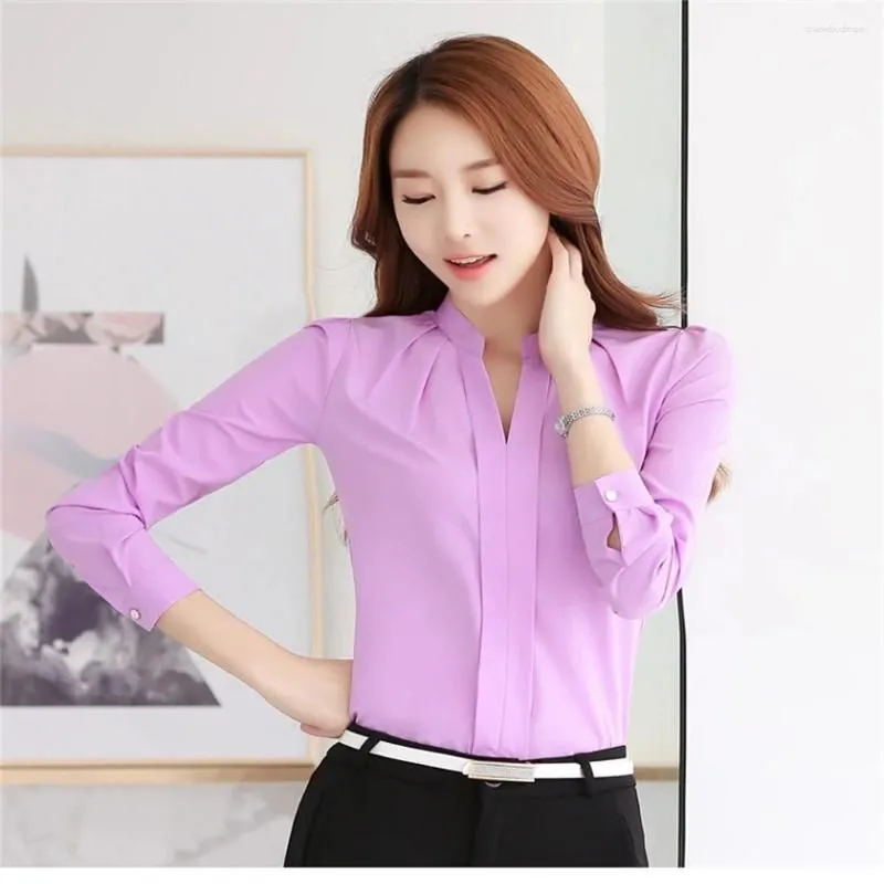 Women`s Blouses Female Blusas Mujer 2024 Spring Fashion V-neck Office Ladies Tops Solid Pink Blouse Women Long Sleeve Shirts