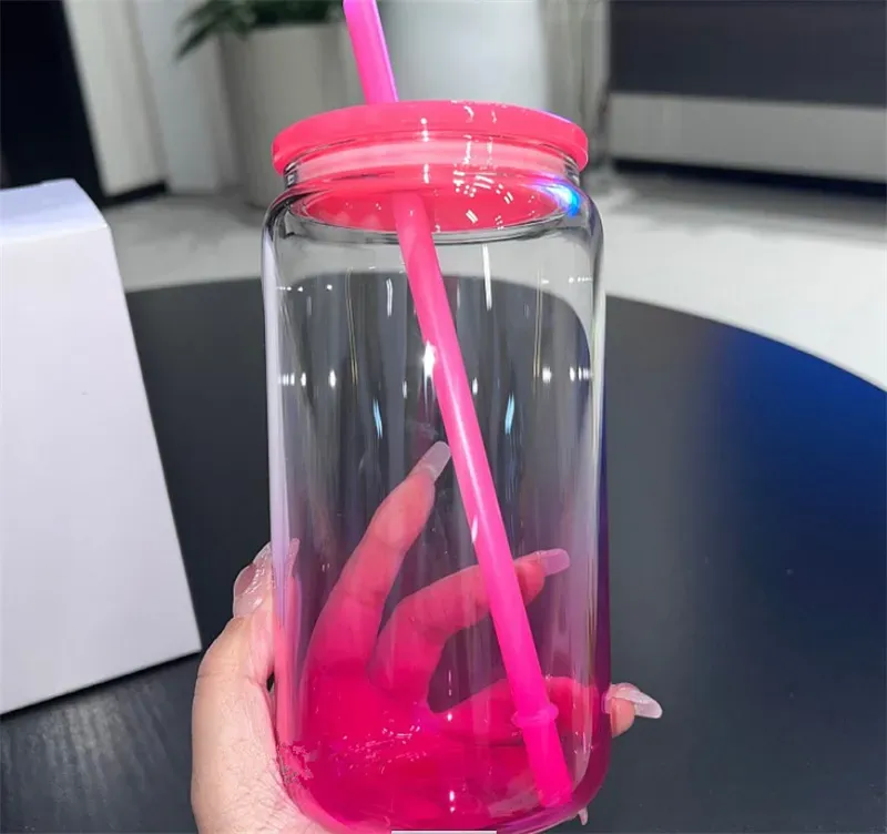 New 16oz sublimation clear Gradient glass tumbler glass can with colorful lids clear glasses reusable straw beer Can Transparent frosted Soda Can Cup UV