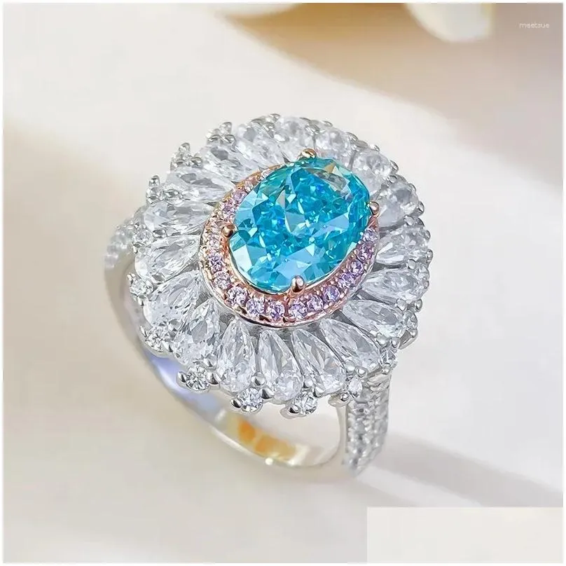 Cluster Rings S925 Silver Ring 6 9 Blue Zircon Inlaid Women`s Design Sense European And American Fashion