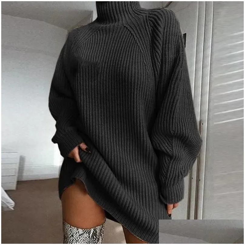 Basic Casual Dresses Casual Dresses Autumn Solid Long Sleeve Elegant Mini Sweater Dress Plus Size Winter Clothes Women Turtleneck