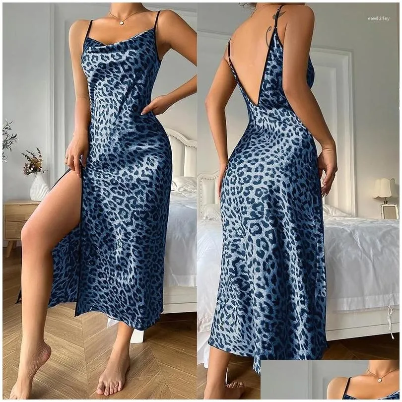 Women`s Sleepwear Lounge Side Split Leopard Print Nightdress Crowl Neck Satin Lady Nightgown Sleeveless Lingerie V Cut Back Homewear